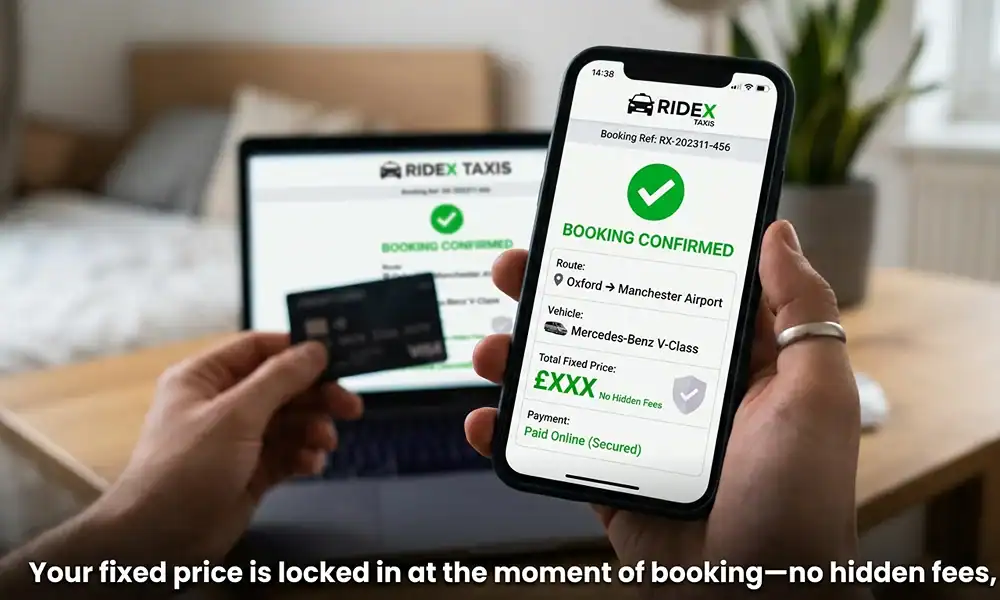 A close-up of a person holding a smartphone that displays a "RideX Taxis" booking confirmation screen. A laptop in the background shows a matching booking confirmation, and a hand holds a credit card.