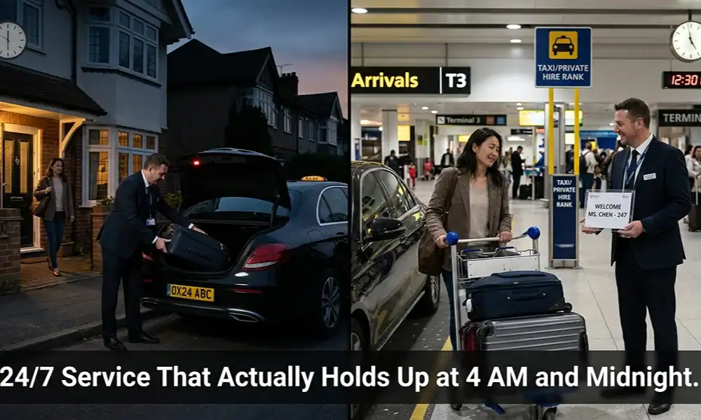 A split-screen advertisement showing a private hire taxi driver helping a passenger at a home in the early morning and meeting another passenger at a busy airport terminal. A text box at the bottom reads, "24/7 Service That Actually Holds Up at 4 AM and Midnight."