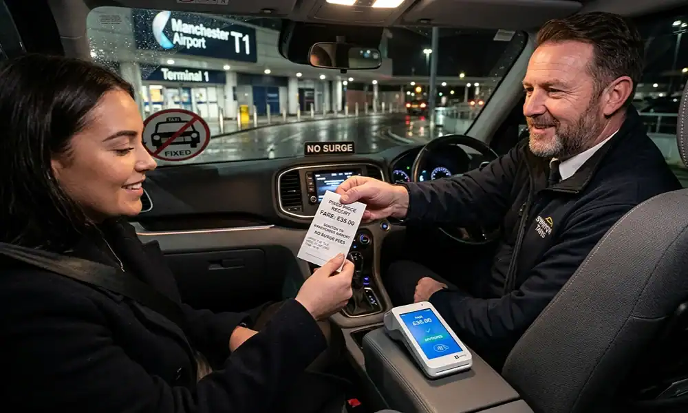 Fixed price taxi fare from Swinton to Manchester Airport with card payment.