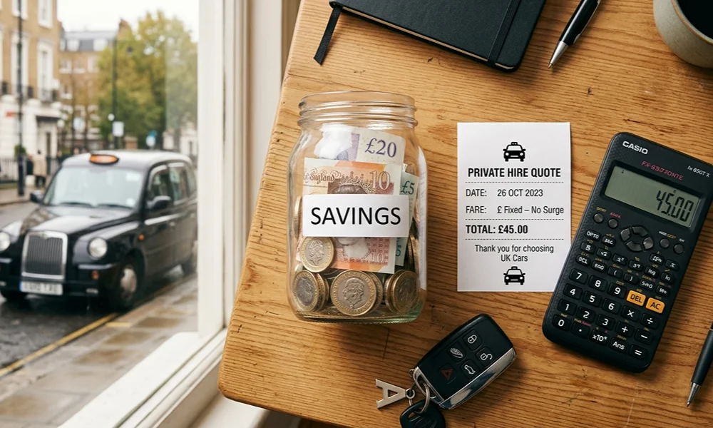 Flat lay of a jar of money, a receipt, a calculator, and keys on a wooden desk.