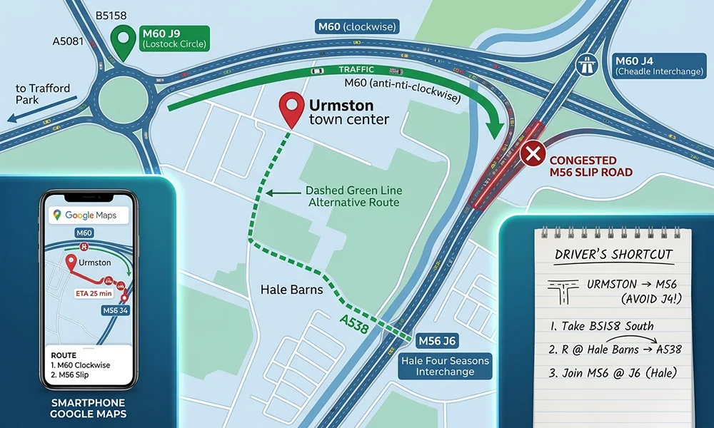A detailed map infographic and smartphone comparison showing a driving route from Urmston town center to the M56.