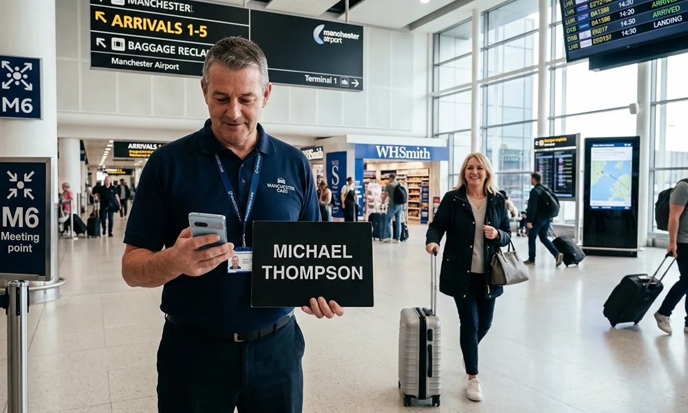 A male taxi driver in a navy blue polo shirt standing in an airport arrivals hall, holding up a black sign that says "MICHAEL THOMPSON" and looking down at his smartphone.