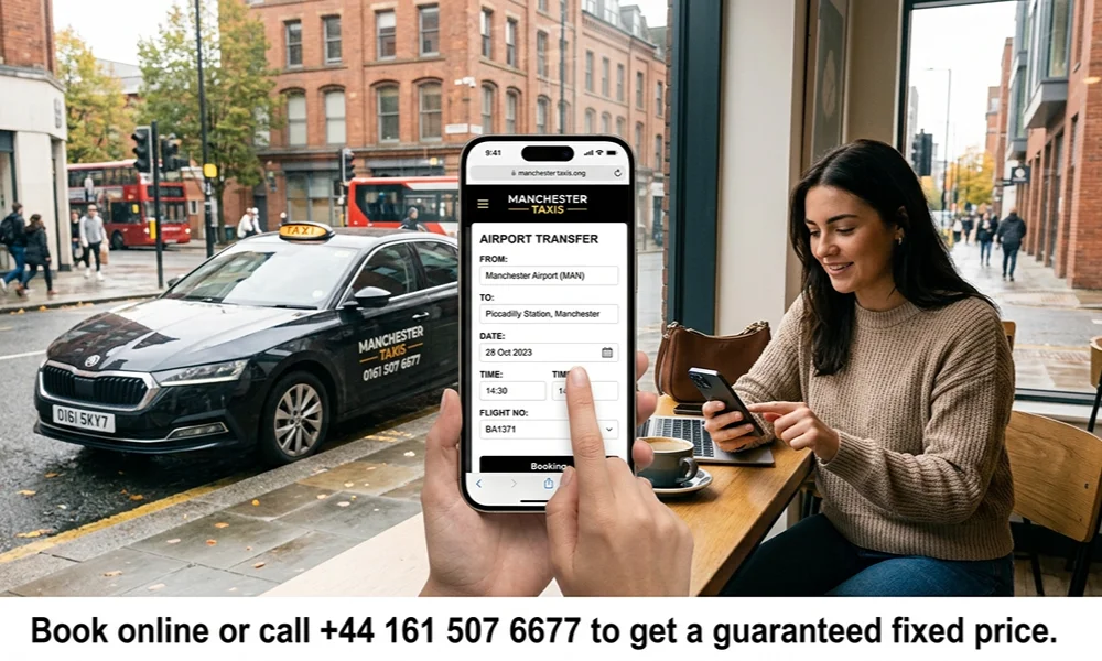 A woman in a café uses a smartphone app from "Manchester Taxis" to book an airport transfer, with a waiting taxi visible outside the window.