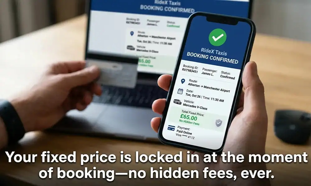 A close-up of a hand holding a smartphone displaying a booking confirmation page with green highlights, and another hand holding a credit card over a laptop in the background.