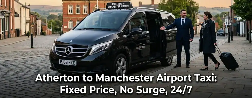 Atherton to Manchester Airport Taxi: Fixed Price, No Surge, 24/7