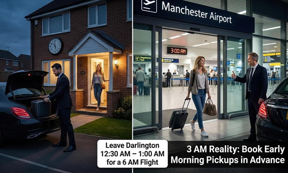 A split-screen photograph contrasting a taxi pickup in Darlington at 12:30 AM with an arrival at Manchester Airport at 3:00 AM.