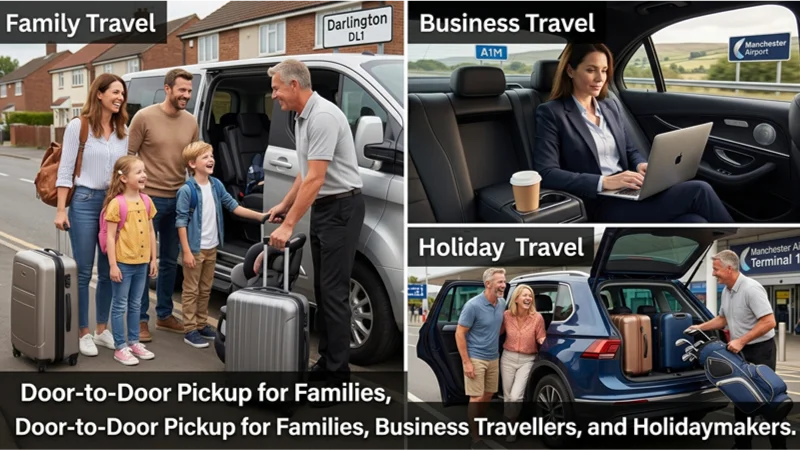 A three-panel collage and text overlay advertising airport transfer services. Top-left shows a smiling family with luggage getting into a large van with a driver. Top-right shows a businesswoman in a suit working on a laptop in the back seat of a car. Bottom shows a smiling couple watching a driver load a golf bag and suitcases into an SUV.