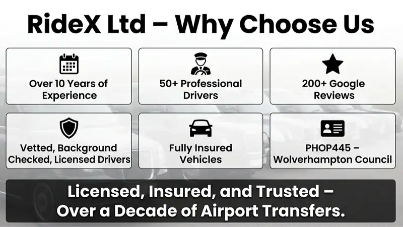 Infographic highlighting RideX Ltd's taxi services, experience, and safety.