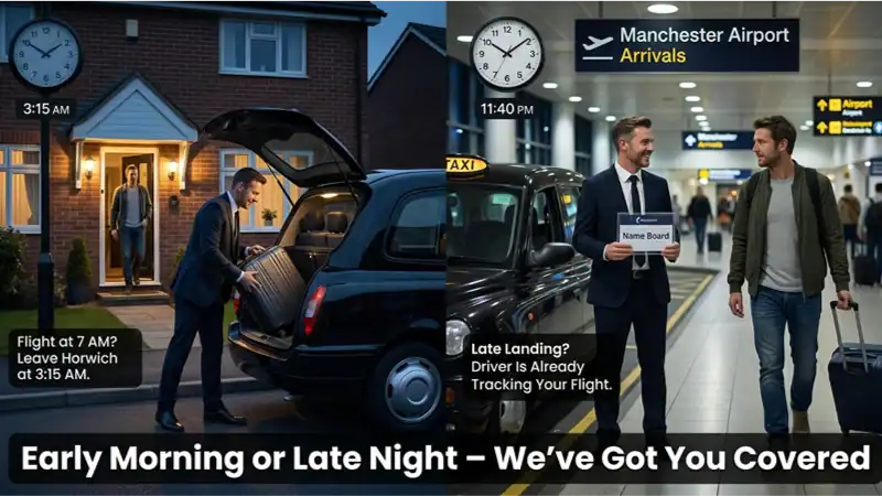 A split-screen promotional image for a professional airport taxi service, showing an early morning pickup and a late-night arrival greeting.