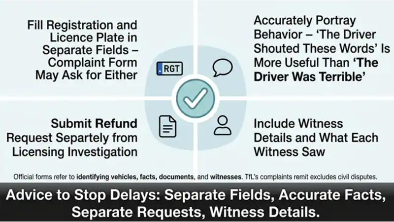 An infographic illustrating four tips for submitting effective complaints to reduce processing delays.