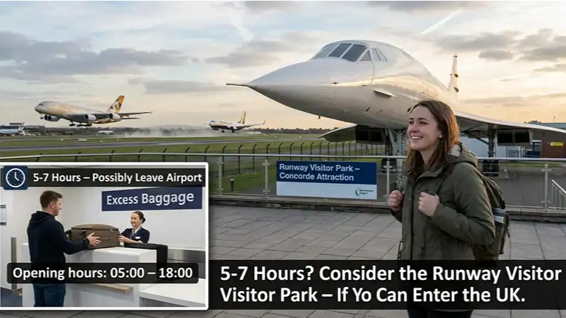 Runway Visitor Park with Concorde and an airport luggage storage desk, two options for a long layover at Manchester Airport