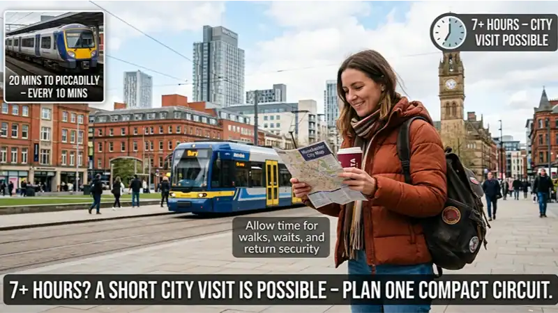 Traveller checking a map in Piccadilly Gardens, Manchester, with transport options and journey times