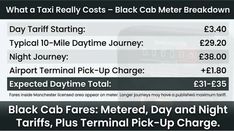 A modern fare breakdown table for Manchester black cab taxis, detailing starting prices, typical journey costs, night tariffs, and extra charges against a faint taxi meter background.
