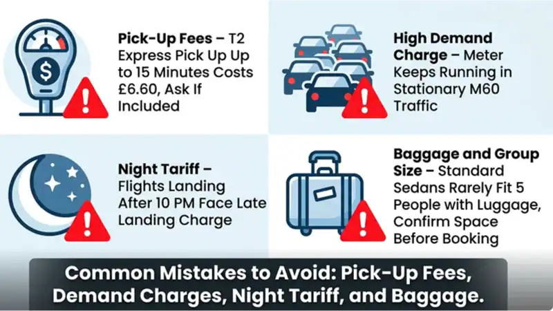 An infographic displaying four common taxi mistakes with icons and text: pick up fees, demand charges, night tariffs, and baggage size.