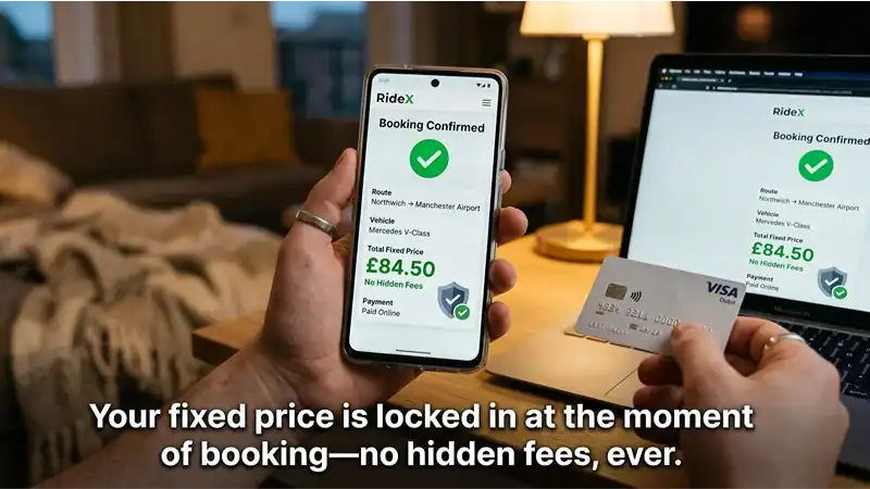 A close-up of a person holding a smartphone showing a "Booking Confirmed" screen for RideX Taxis.