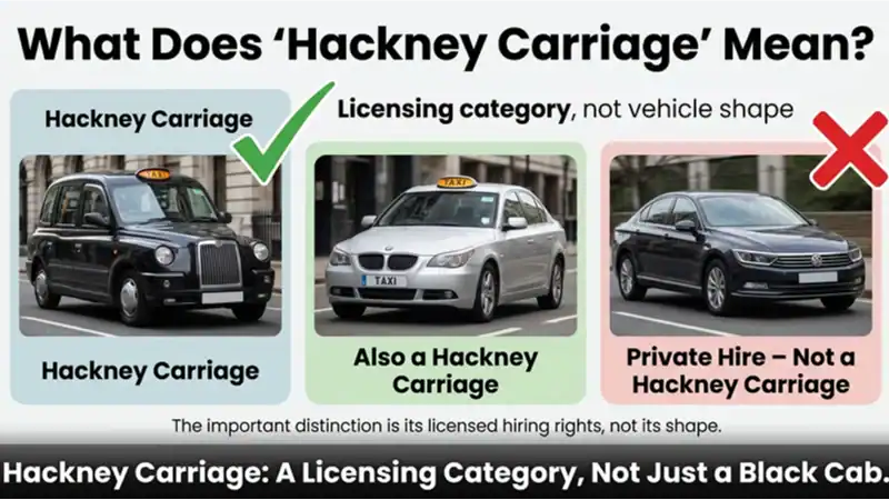 Infographic explaining that Hackney Carriages are a licensing category, not just a specific type of black cab.