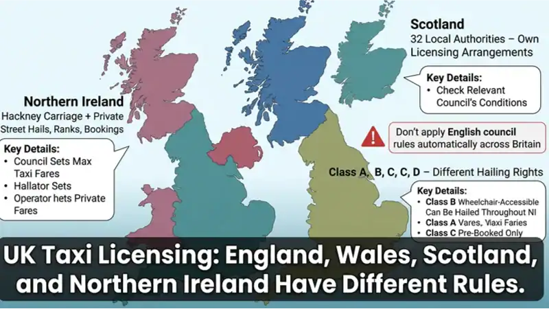 An infographic map of the United Kingdom detailing different taxi licensing rules.