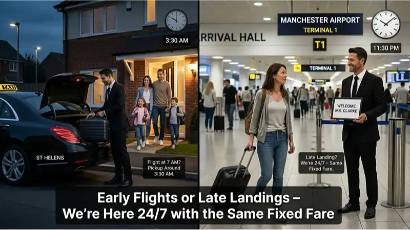 A split-screen advertisement showing a taxi pickup at a house and an airport greeting.