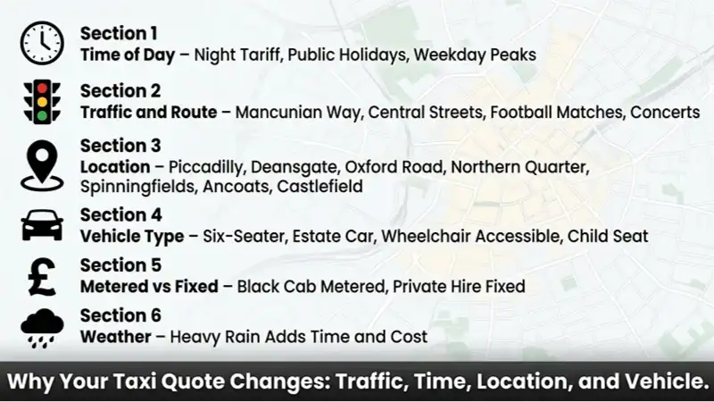 How Much Does a Taxi From Manchester Airport to City Centre Cost? 2026 Guide 2 An infographic titled "Why Your Taxi Quote Changes," listing six factors with icons and text over a city map background.