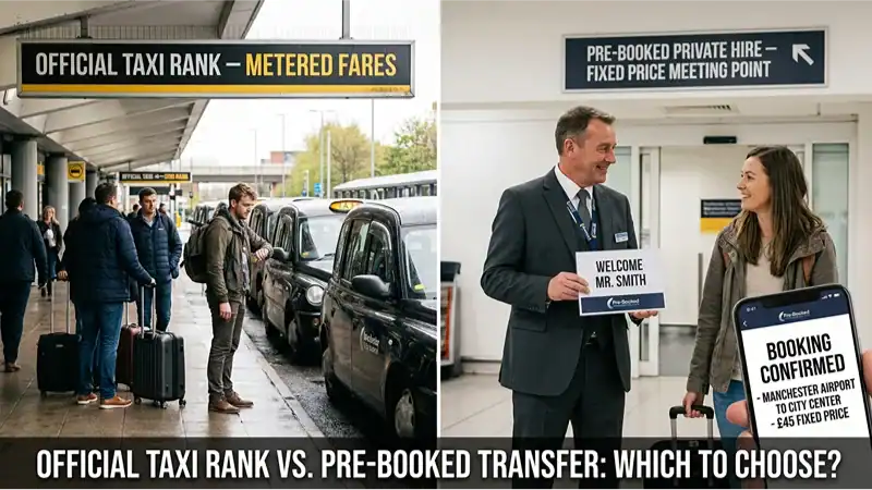 How Much Does a Taxi From Manchester Airport to City Centre Cost? 2026 Guide 3 A split-screen photograph comparing the experience at an official airport taxi rank versus a pre-booked private hire pickup.