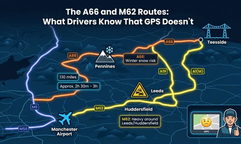 An infographic map comparing two driving routes from Teesside to Manchester Airport on a dark blue background.