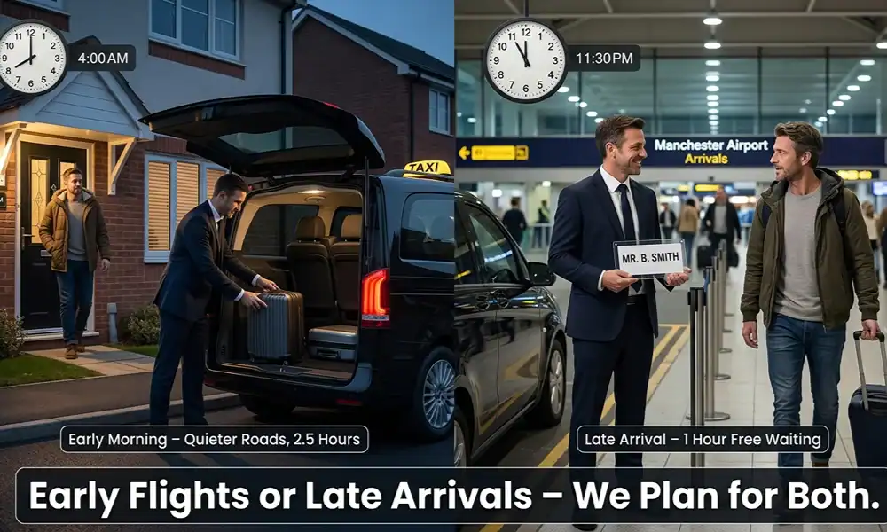 A split-screen advertisement showing a private taxi driver assisting the same male traveler for a 4:00 AM home pickup and a 11:30 PM airport arrival greeting.