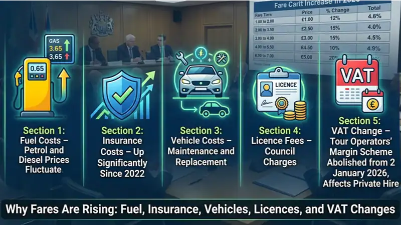 A five-column infographic overlaying a council chamber scene with text and glowing neon icons detailing the causes of a 2026 taxi fare increase.