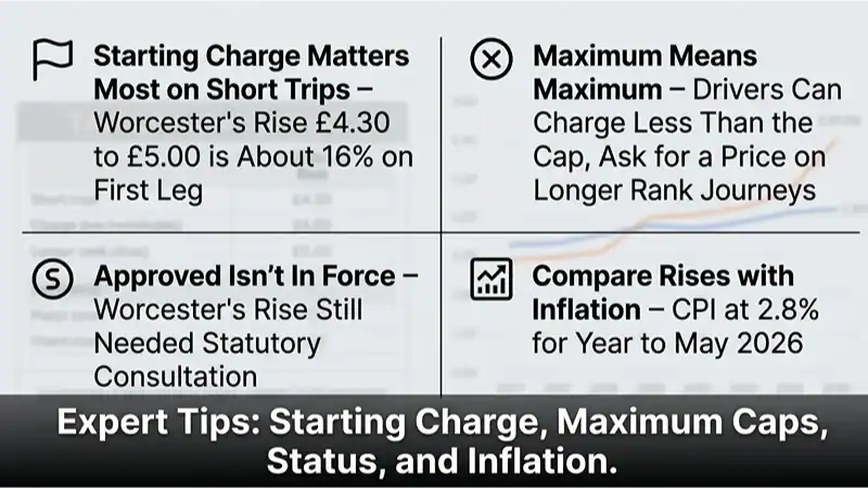infographic titled "Expert Tips: Starting Charge, Maximum Caps, Status, and Inflation," featuring icons and text about Worcester taxi fare changes.