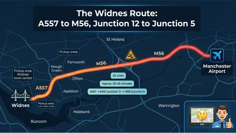 A modern infographic map showing the route from Widnes to Manchester Airport on a dark blue background with glowing lines.